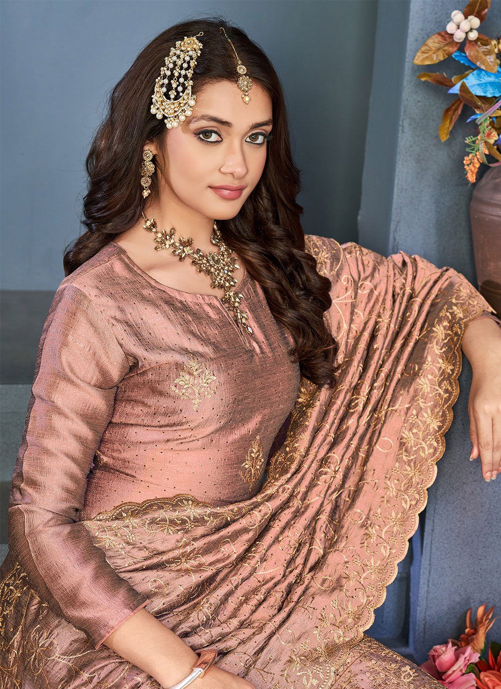 Salwar Suit Vichitra Silk Peach Embroidered Salwar Kameez