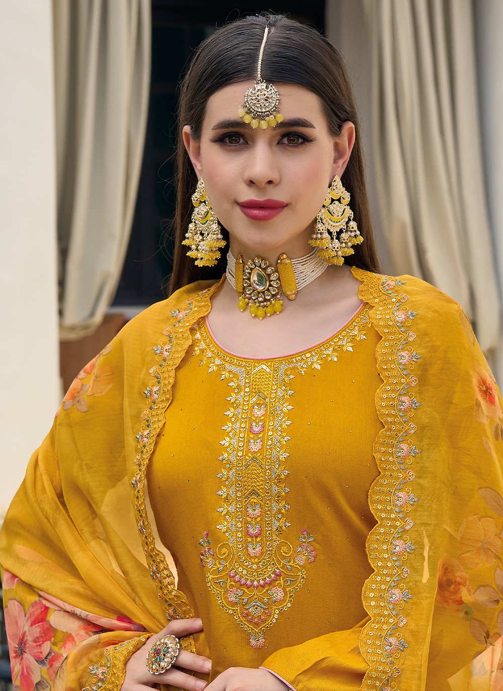 Pant Style Suit Silk Viscose Mustard Embroidered Salwar Kameez