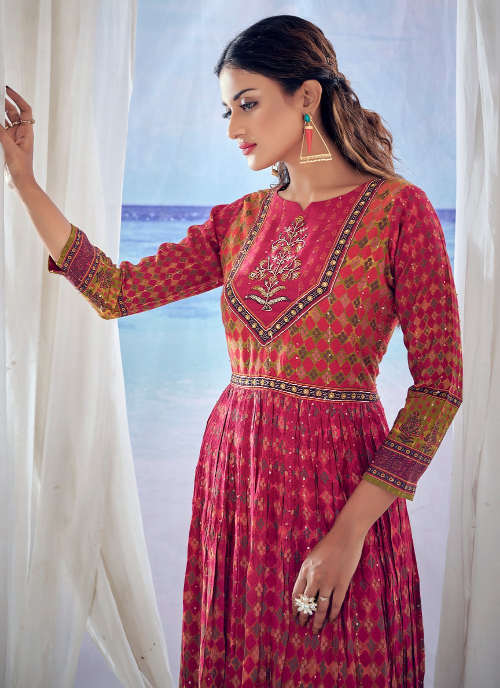 Gown Muslin Viscose Hot Pink Embroidered Gown