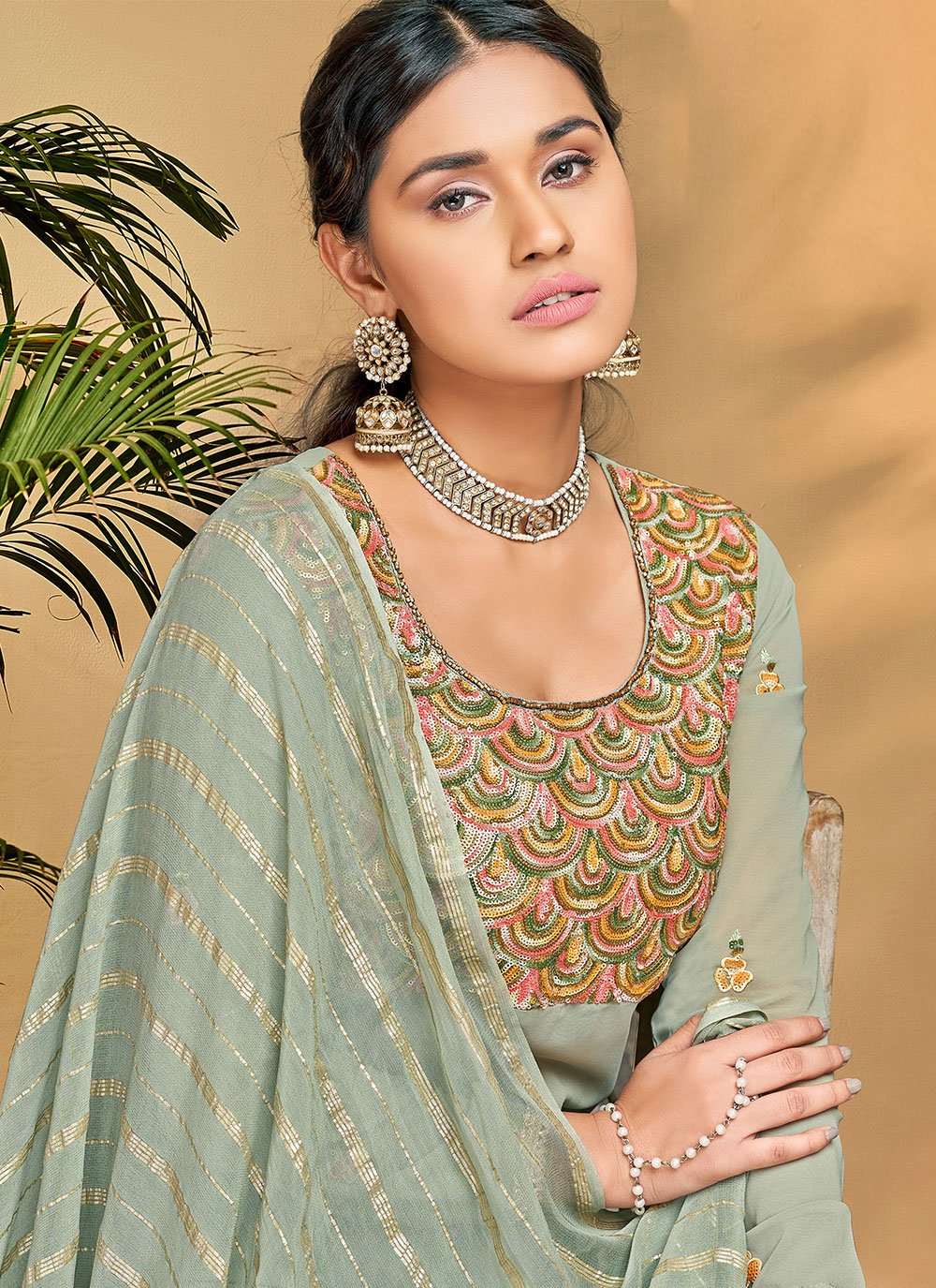 Straight Salwar Suit Georgette Viscose Sea Green Embroidered Salwar Kameez