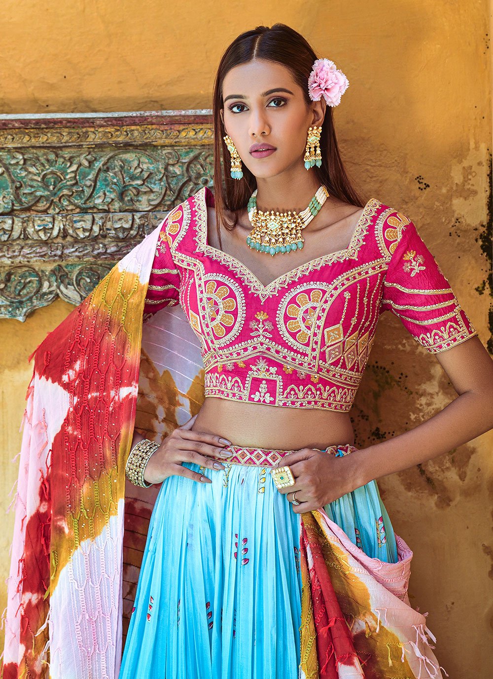 Lehenga Choli Viscose Aqua Blue Digital Print Lehenga Choli