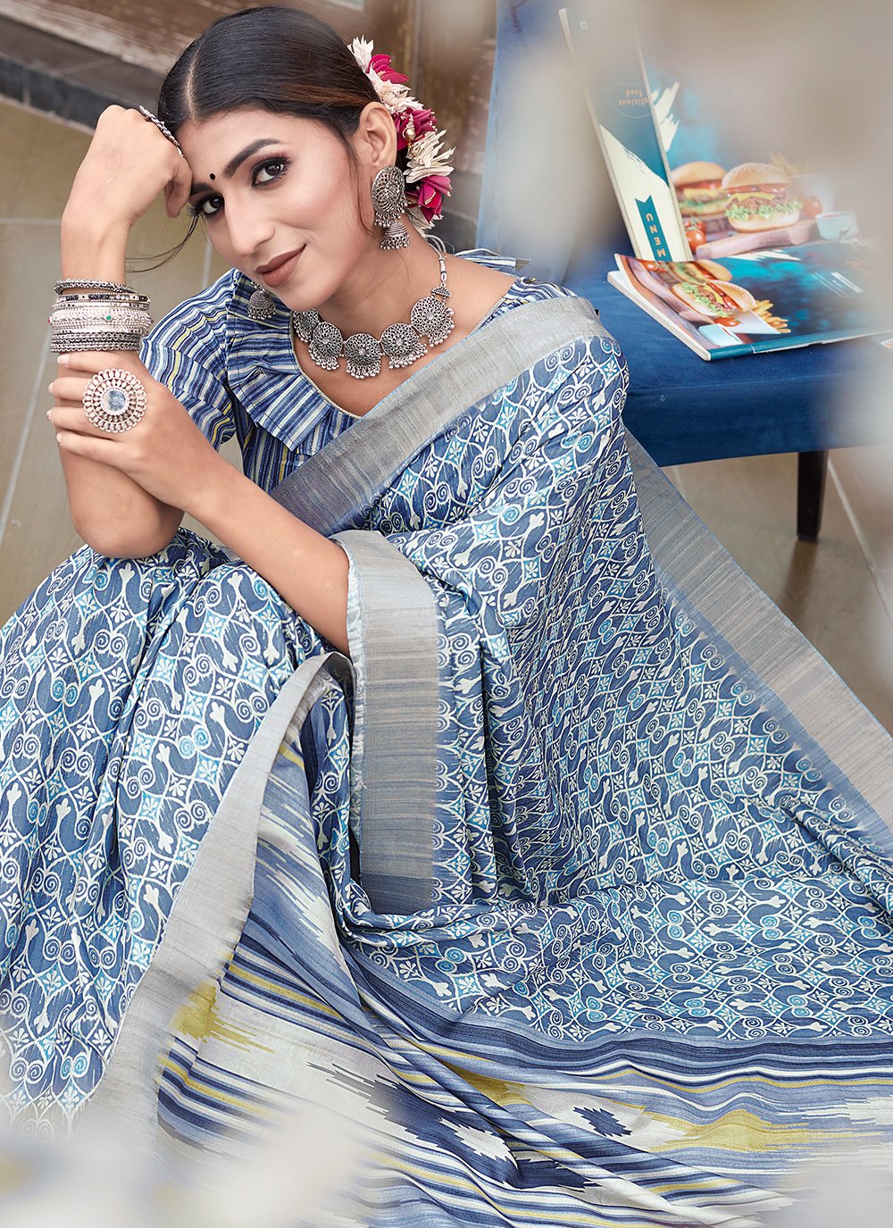 Classic Banarasi Silk Blue Digital Print Saree