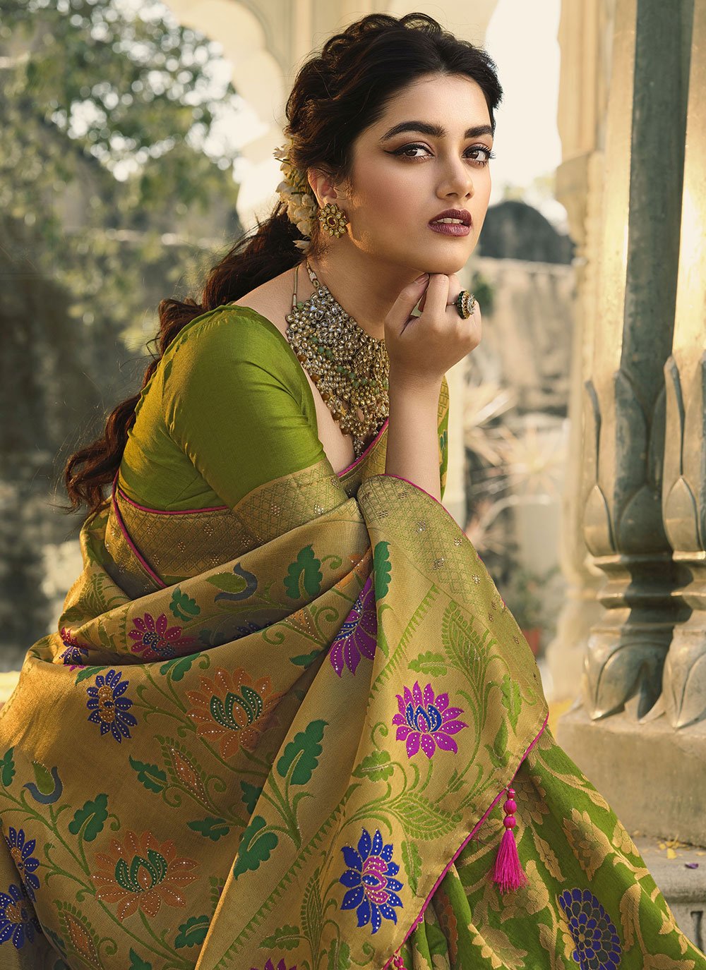 Contemporary Banarasi Silk Green Swarovski Saree