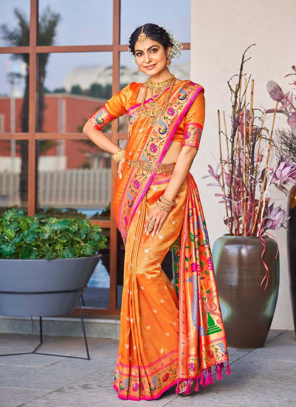 Traditional Saree Silk Orange Weaving Saree