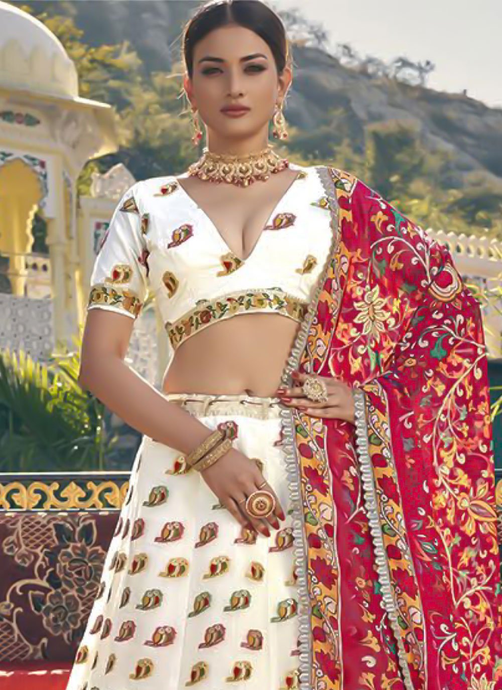 A Line Lehenga Organza Off White Weaving Lehenga Choli
