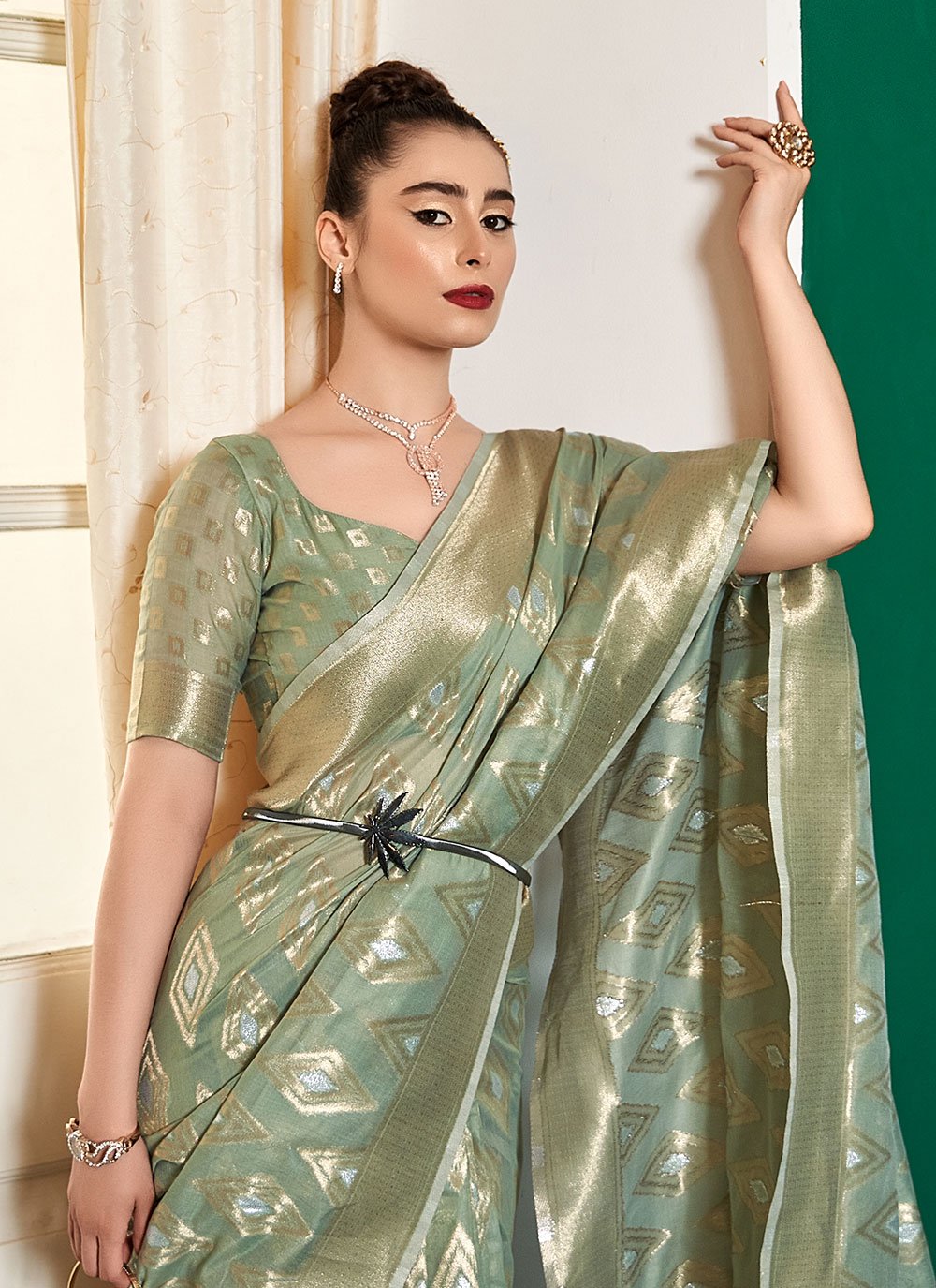 Designer Cotton Silk Sea Green Weaving Saree