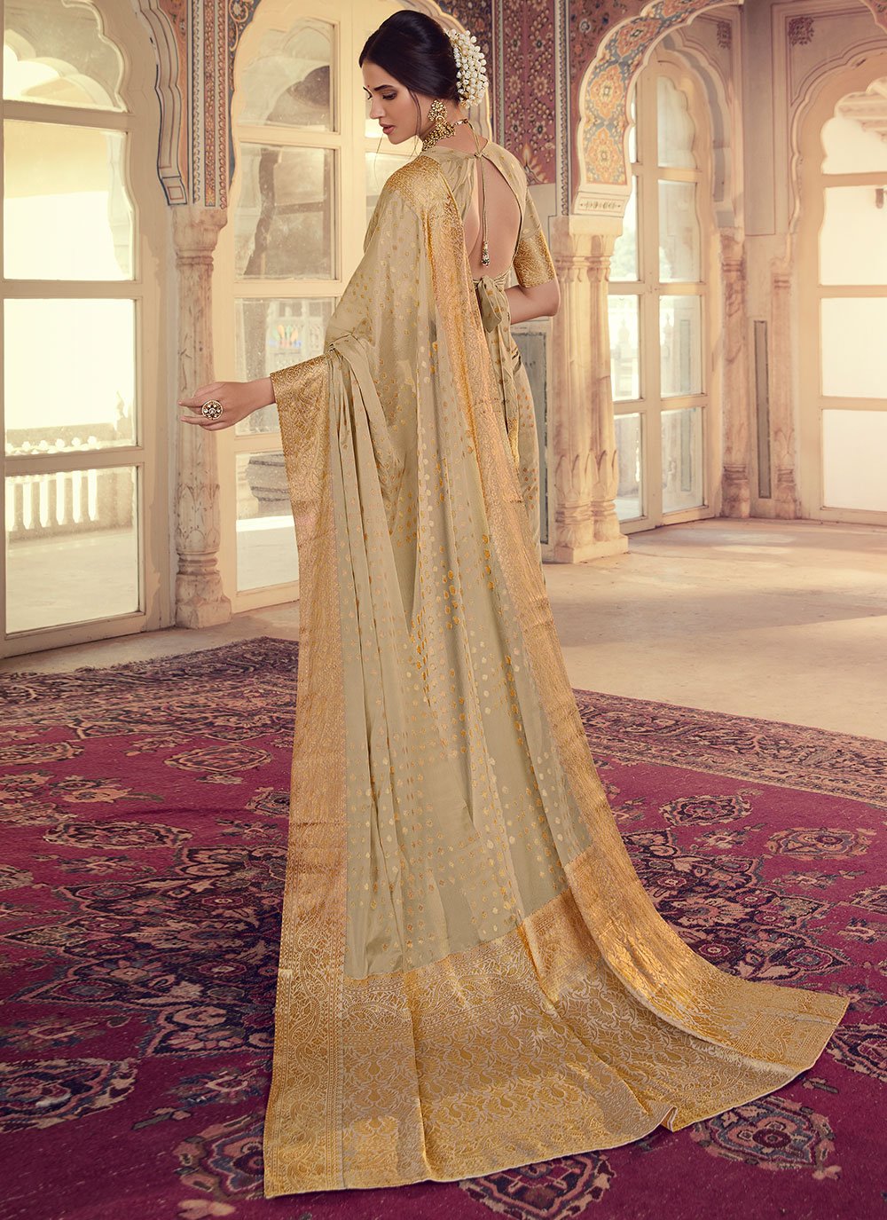 Designer Chiffon Silk Beige Weaving Saree