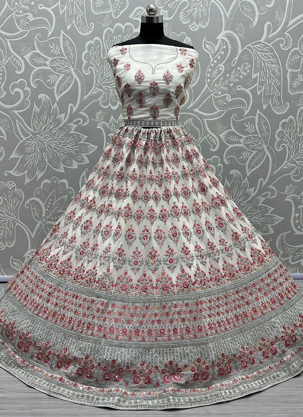 A Line Lehenga Georgette White Diamond Lehenga Choli