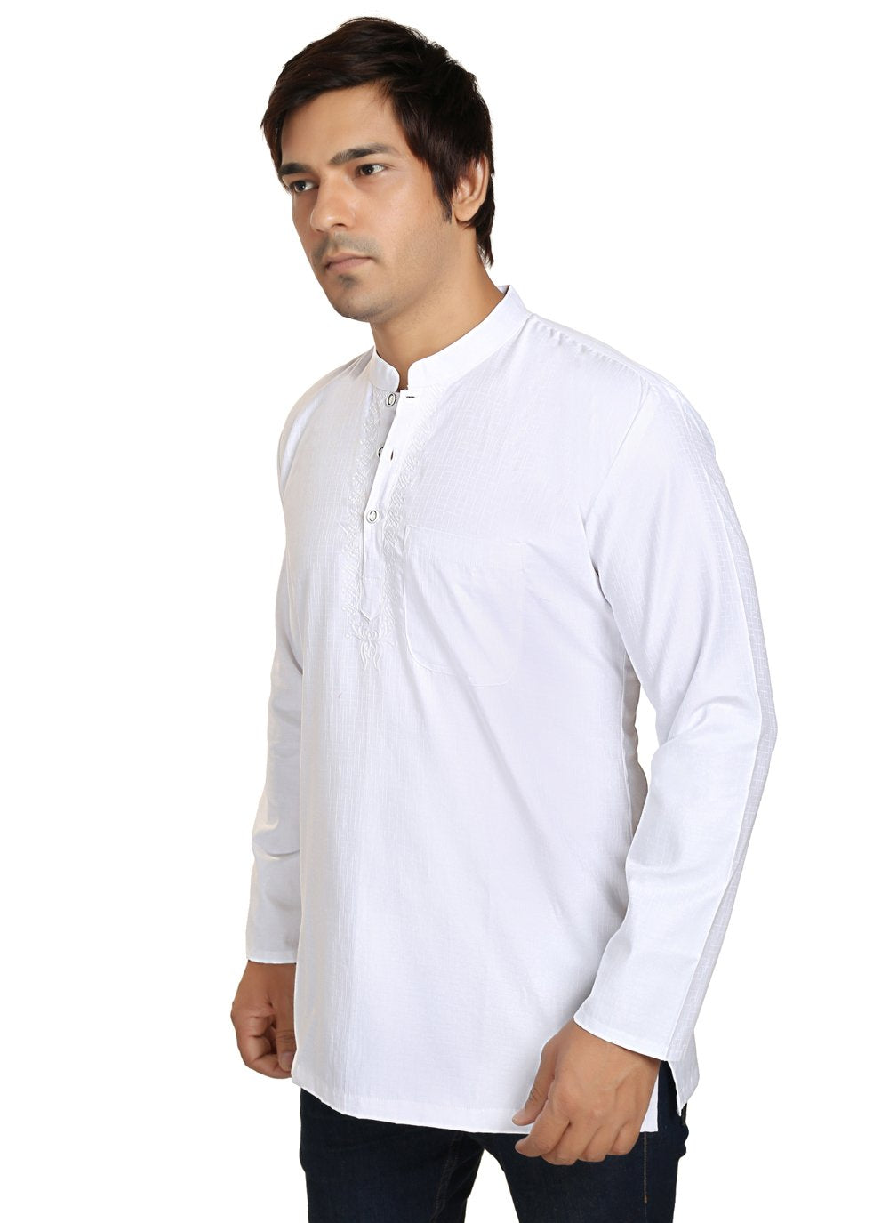 Short Kurta Blended Cotton White Plain Mens