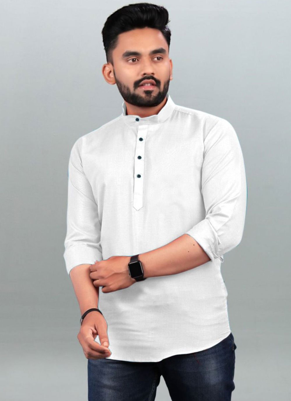 Short Kurta Cotton White Plain Mens