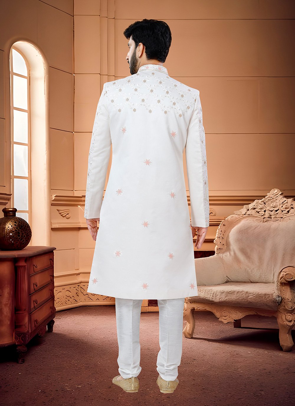 Indo Western Sherwani Silk White Embroidered Mens