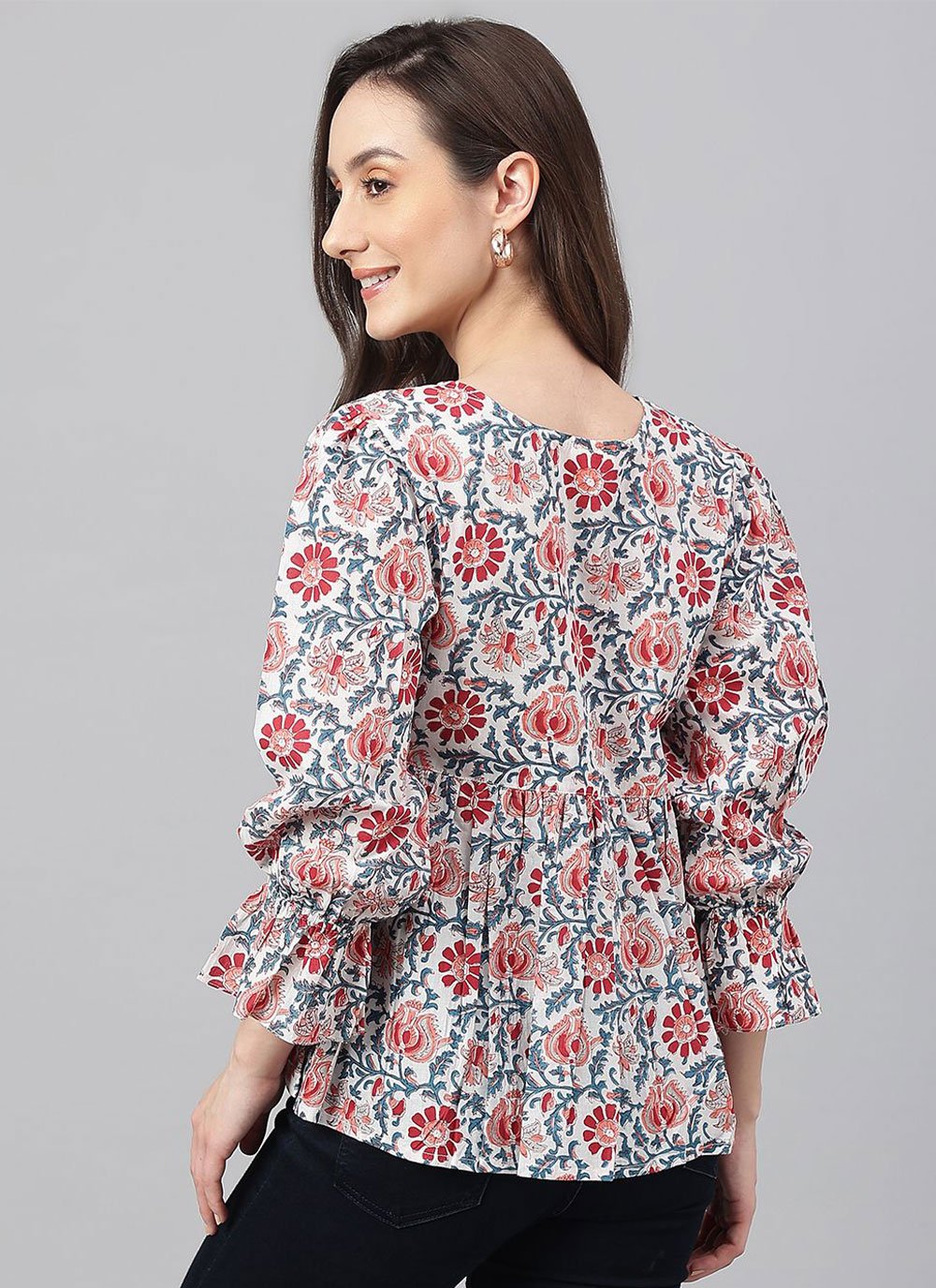 Casual Kurti Cotton White Floral Patch Kurtis