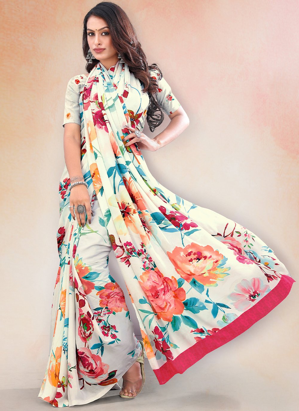 Classic Faux Crepe White Digital Print Saree