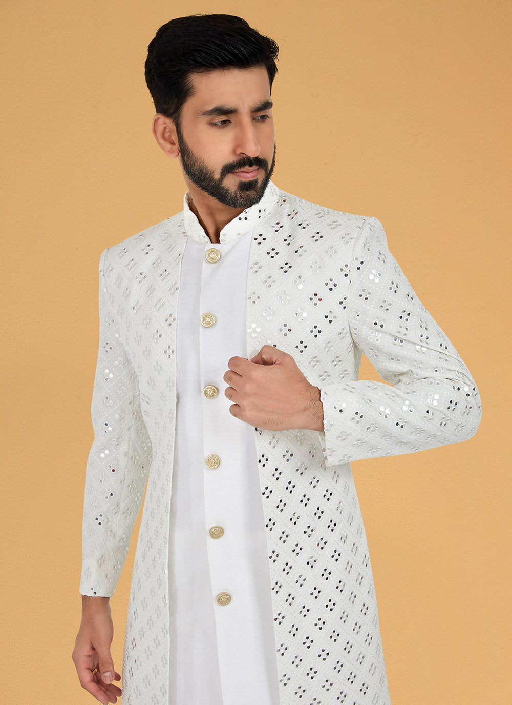 Indo Western Banarasi Silk Georgette White Embroidered Mens