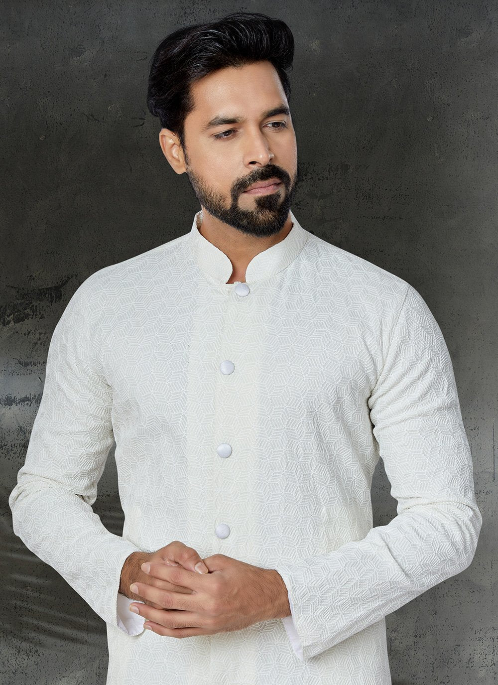 Kurta Pyjama Cotton White Embroidered Mens