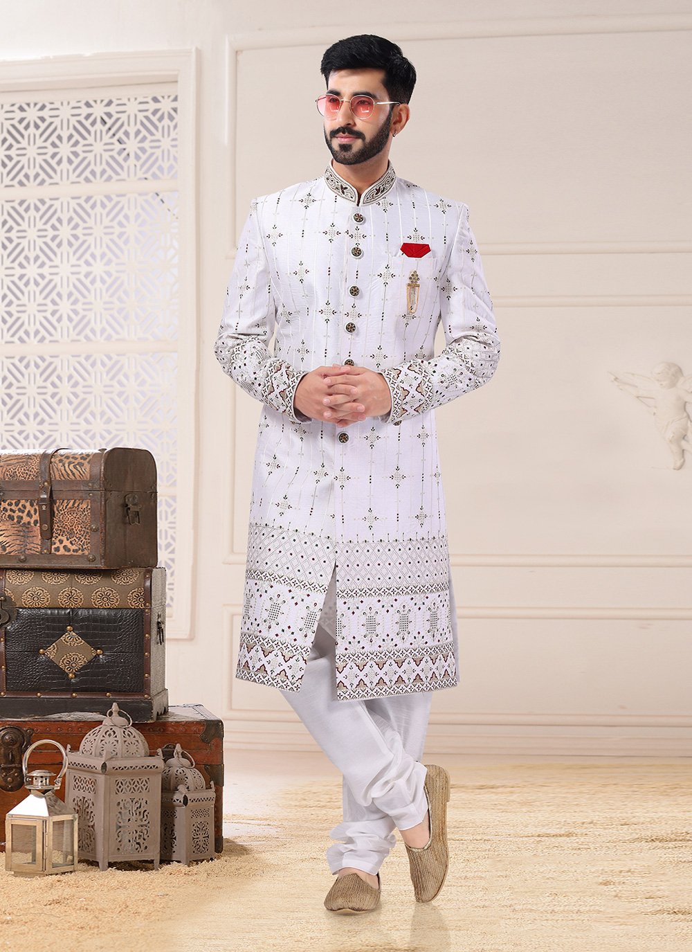 Sherwani Silk White Embroidered Mens