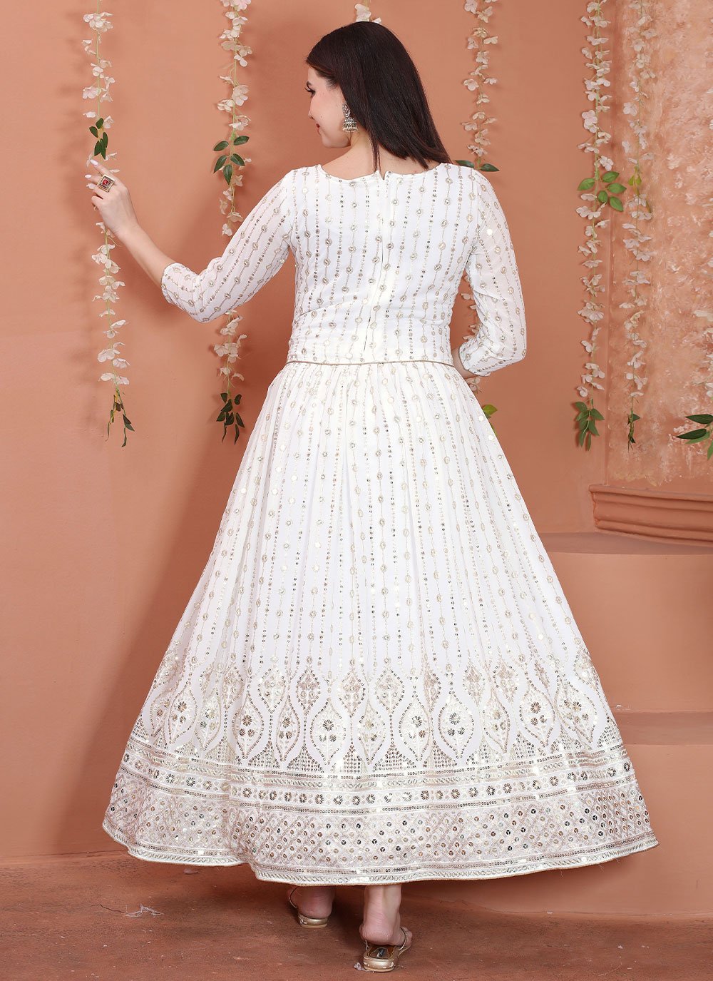 Gown Faux Georgette White Sequins Gown