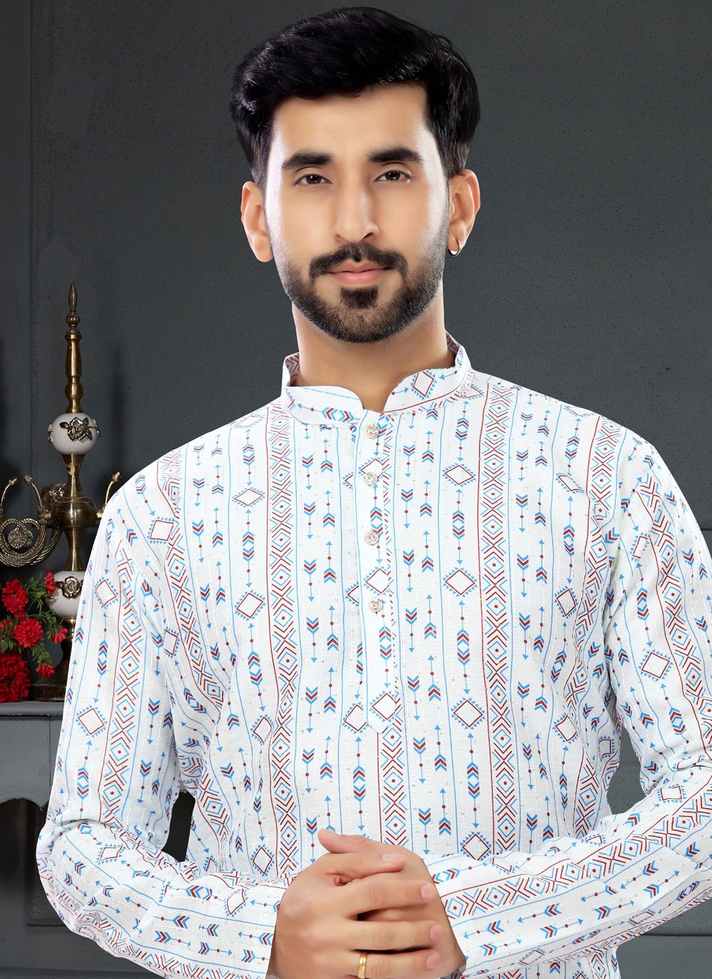 Kurta Pyjama Silk White Digital Print Mens