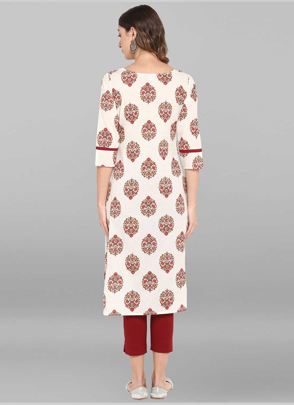 Casual Kurti Cotton White Floral Patch Kurtis