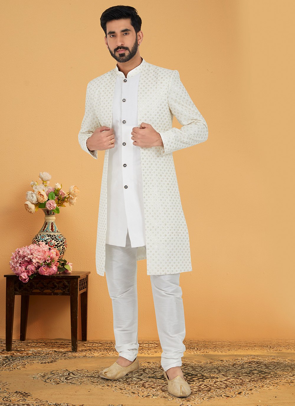 Indo Western Banarasi Silk Georgette White Embroidered Mens