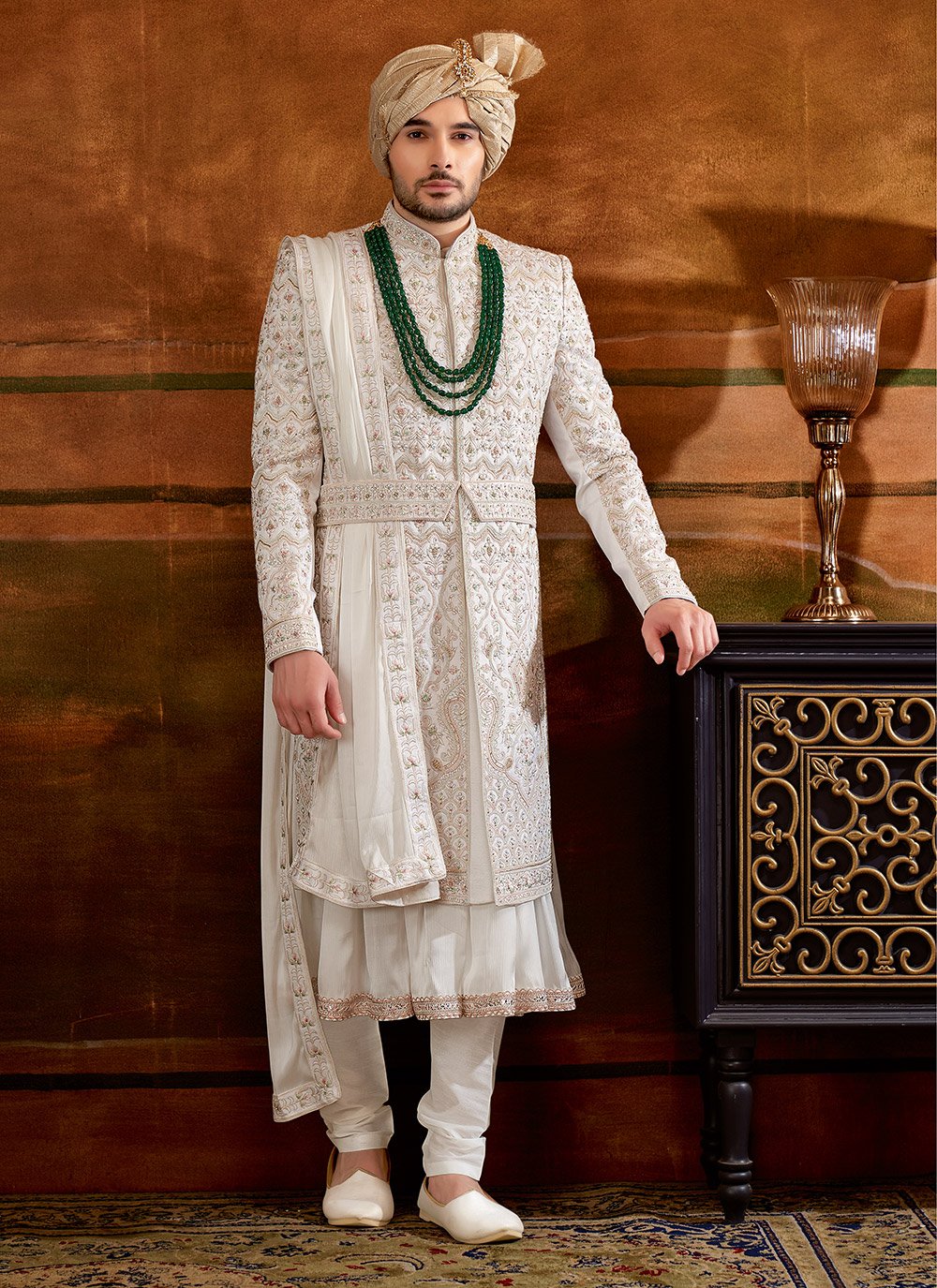 Sherwani Art Silk White Hand Work Mens