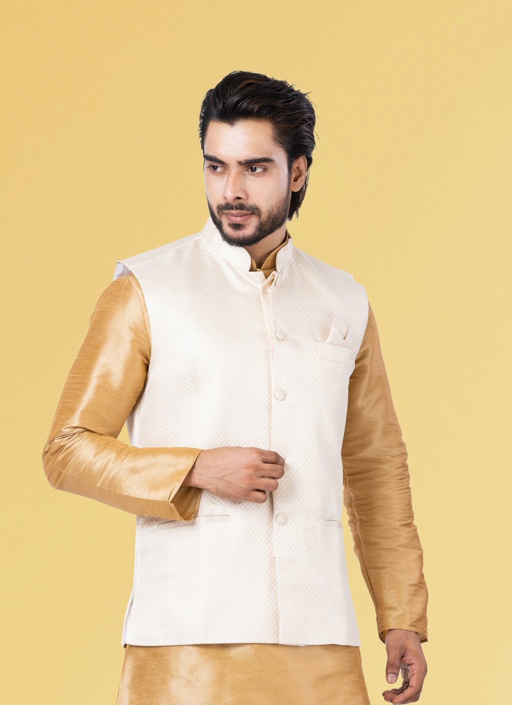 Nehru Jackets Jacquard Silk White Embroidered Mens