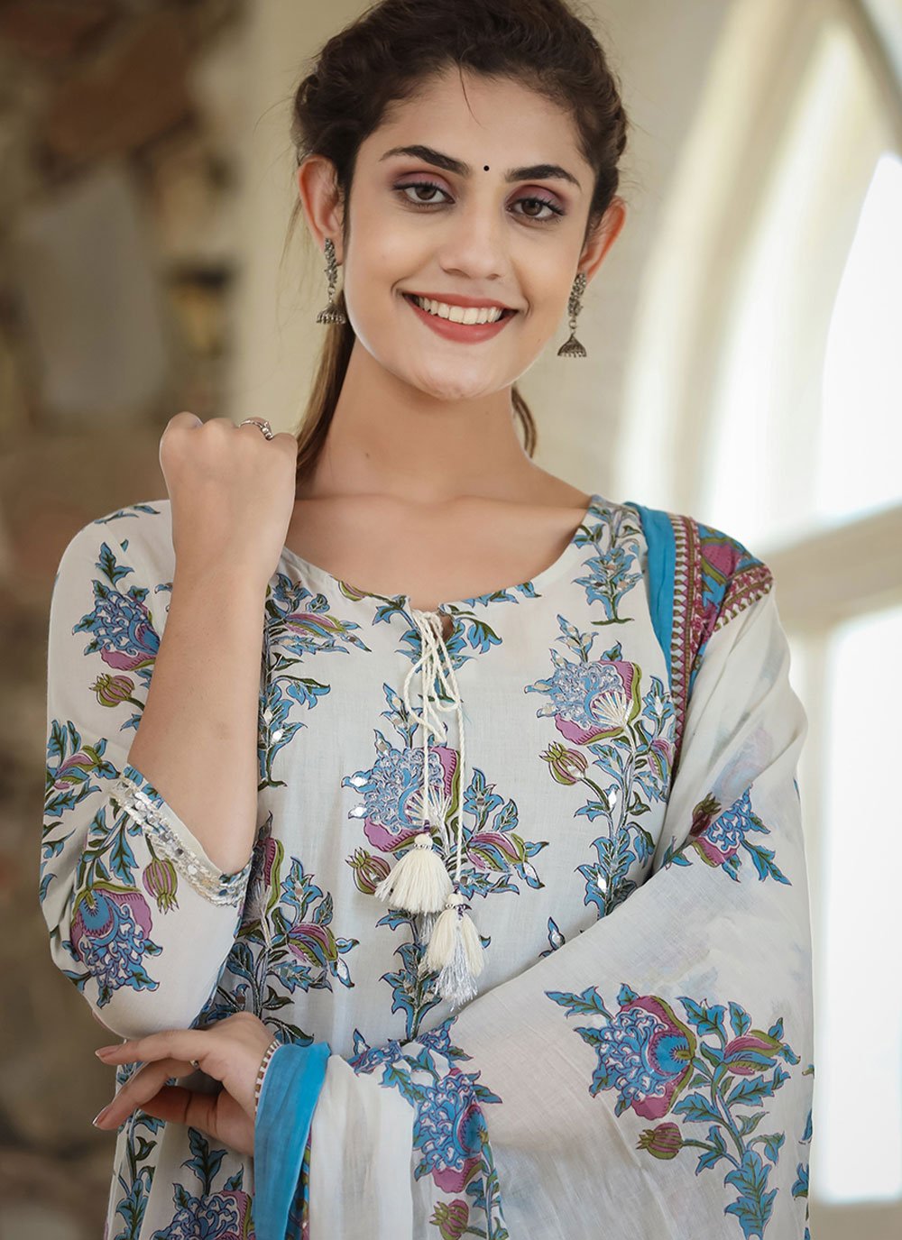 Pant Style Suit Cotton White Print Salwar Kameez