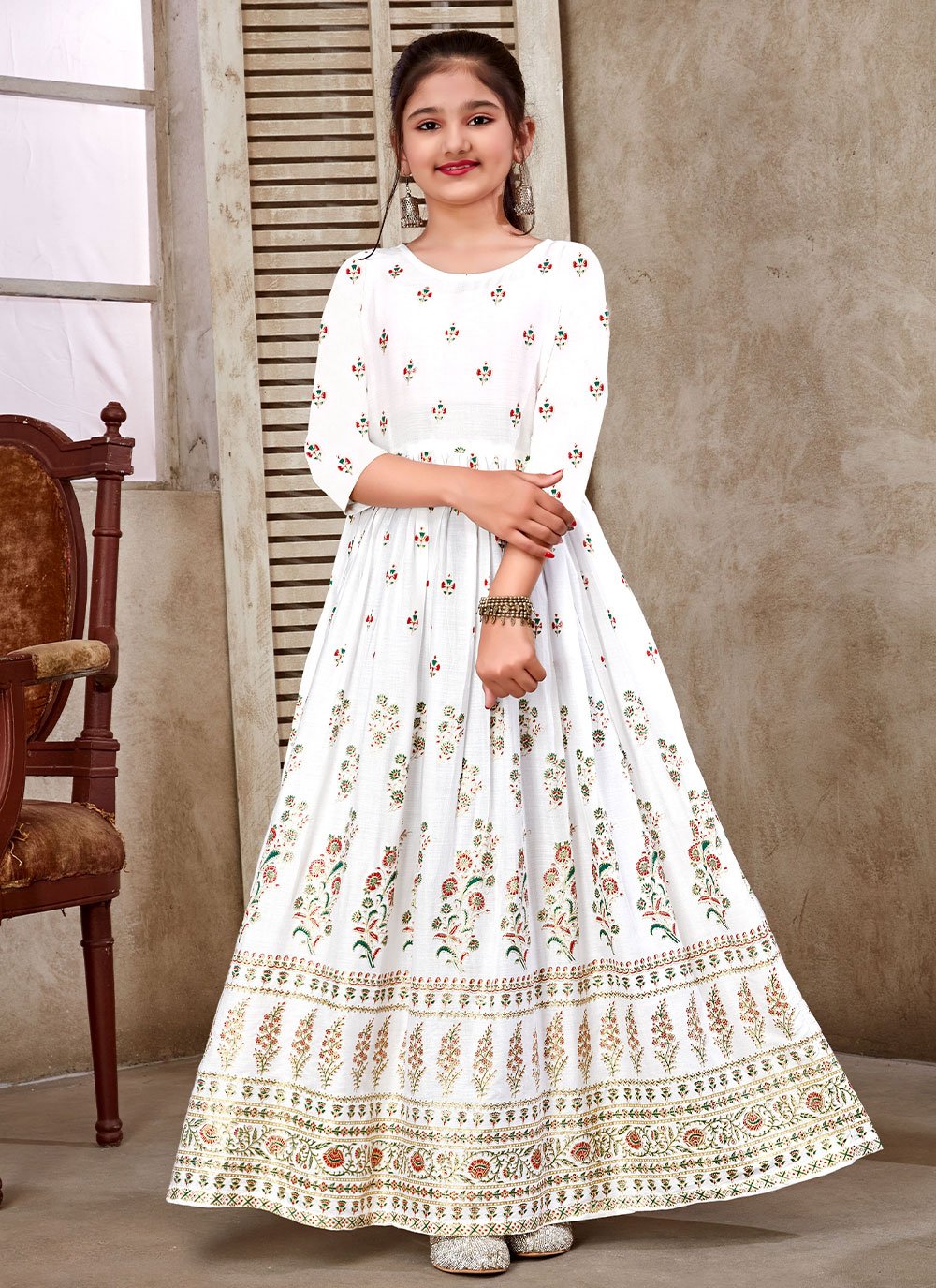 Designer Gown Rayon White Foil Print Kids