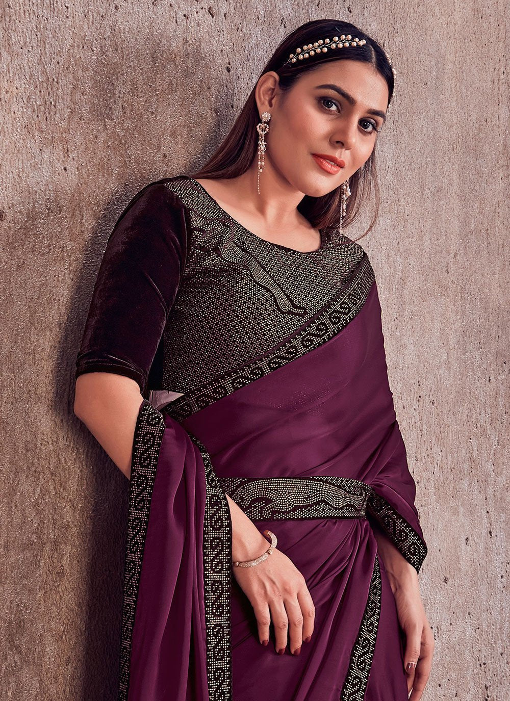 Trendy Saree Georgette Satin Wine Lace Saree