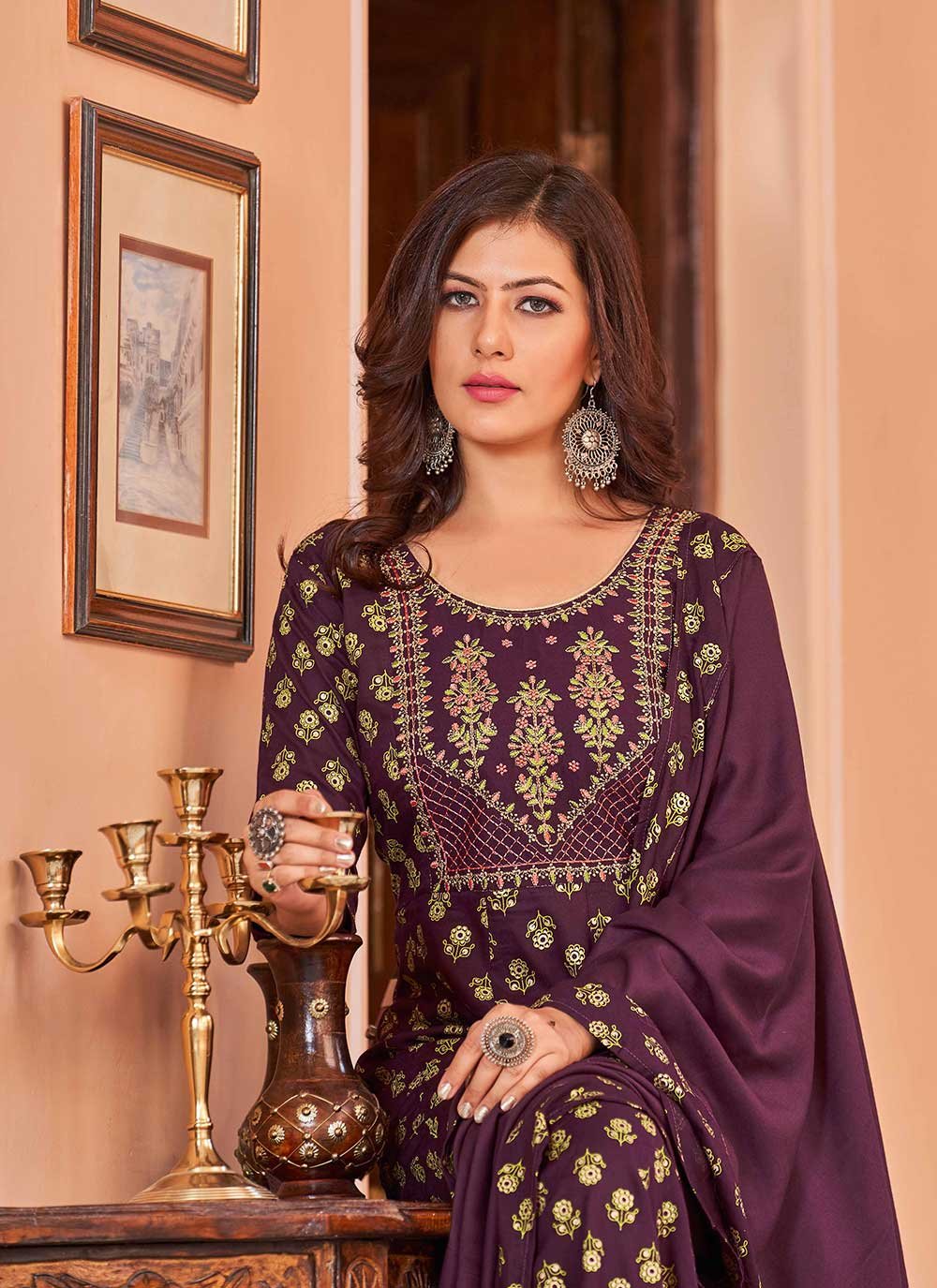 Designer Gown Rayon Wine Embroidered Gown