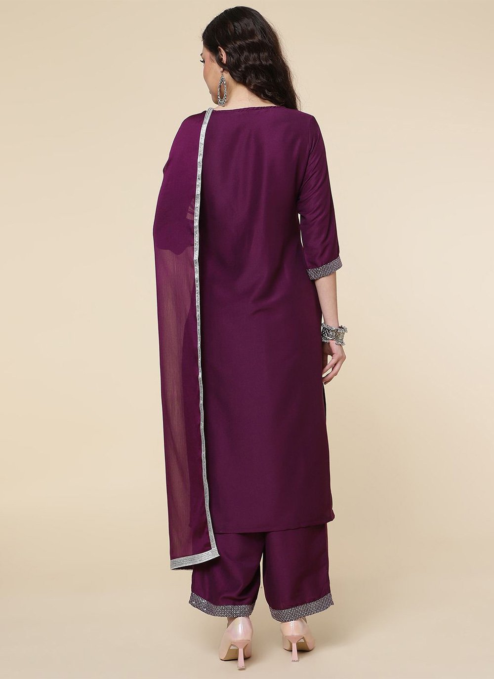 Salwar Suit Chinon Wine Embroidered Salwar Kameez