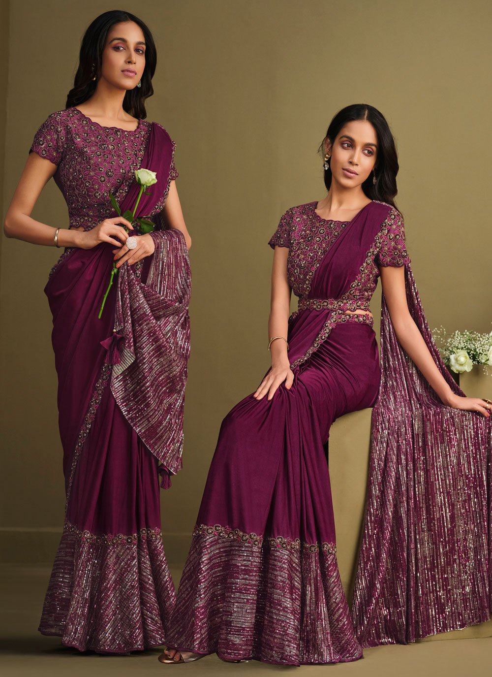 Designer Silk Wine Embroidered Saree