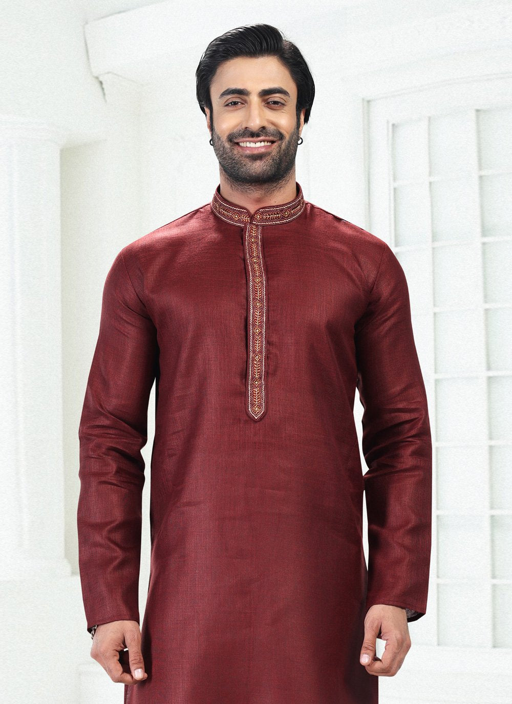 Kurta Pyjama Cotton Linen Wine Thread Mens