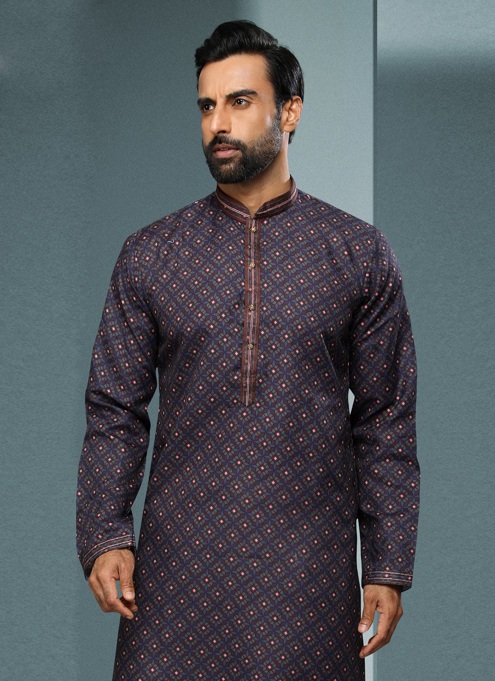 Kurta Pyjama Handloom Cotton Wine Digital Print Mens