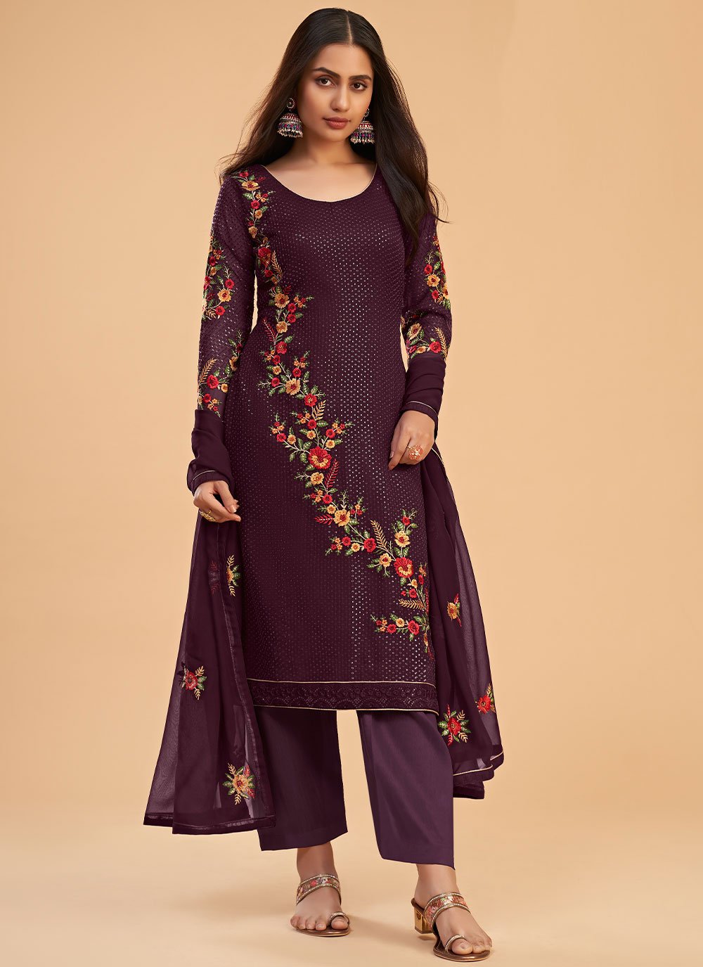 Straight Salwar Suit Georgette Wine Embroidered Salwar Kameez