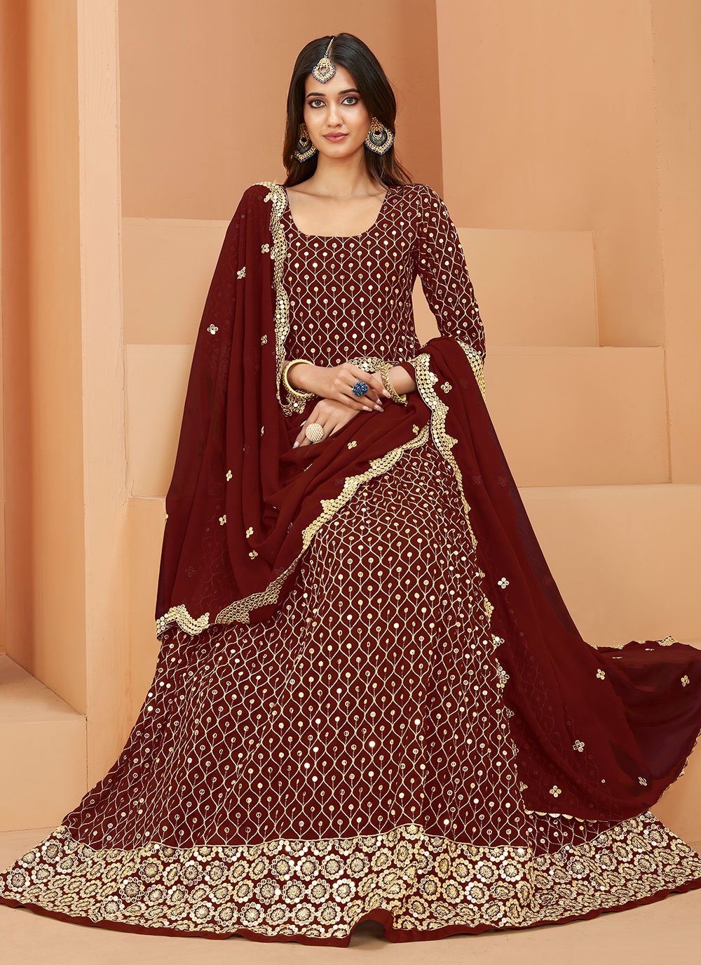 Anarkali Suit Faux Georgette Wine Embroidered Salwar Kameez