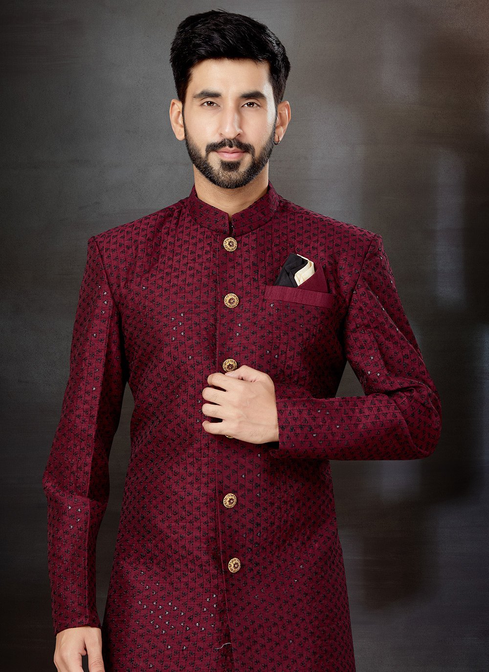 Indo Western Sherwani Jacquard Wine Embroidered Mens