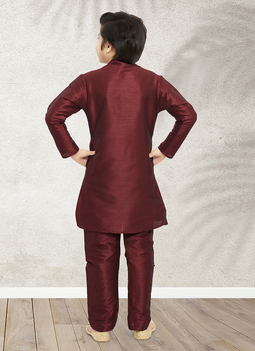 Kurta Pyjama Art Banarasi Silk Wine Plain Kids