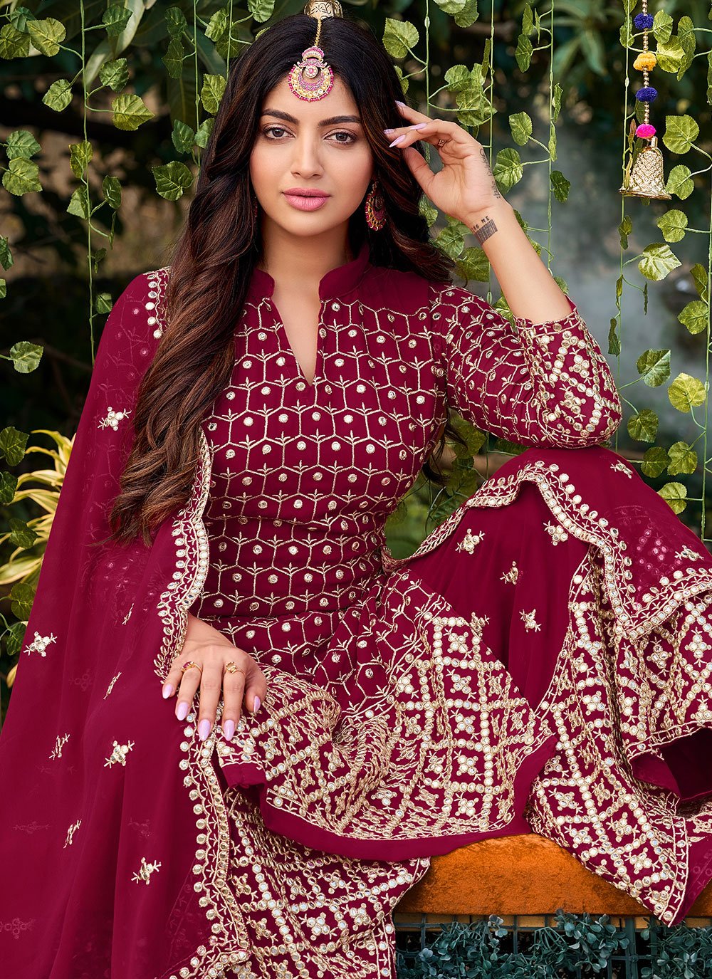 Pakistani Salwar Suit Faux Georgette Wine Embroidered Salwar Kameez