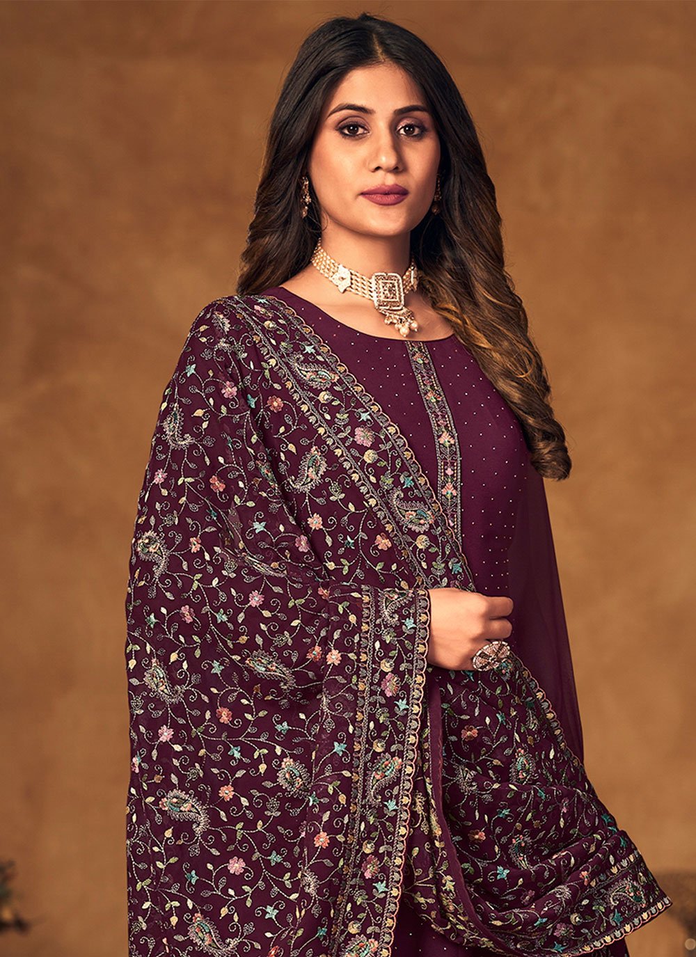 Palazzo Salwar Suit Georgette Wine Crystals Salwar Kameez