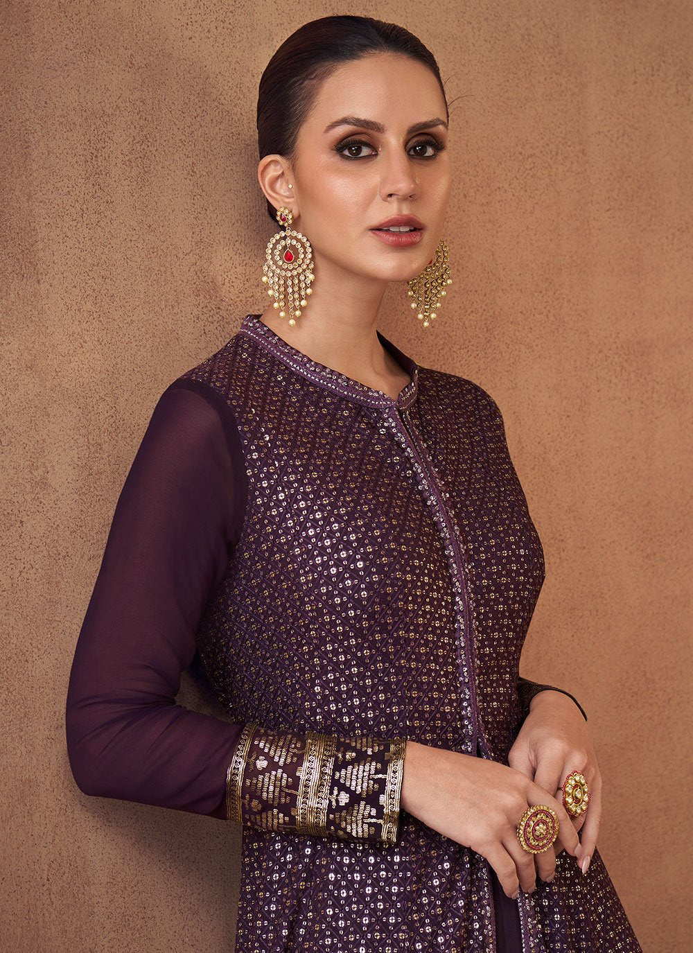 Anarkali Suit Georgette Wine Embroidered Salwar Kameez