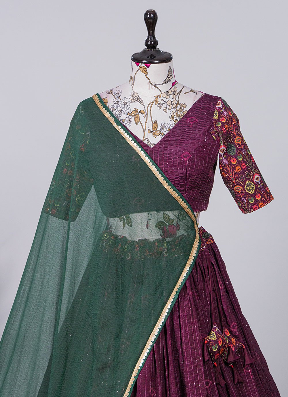 Lehenga Choli Chinon Wine Print Lehenga Choli