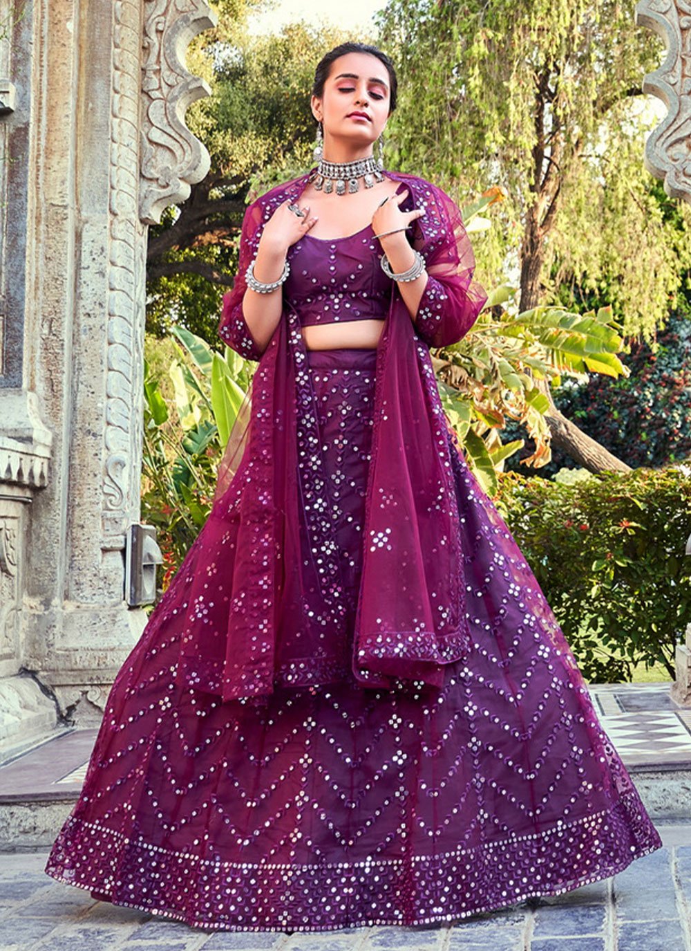 Lehenga Choli Net Wine Embroidered Lehenga Choli