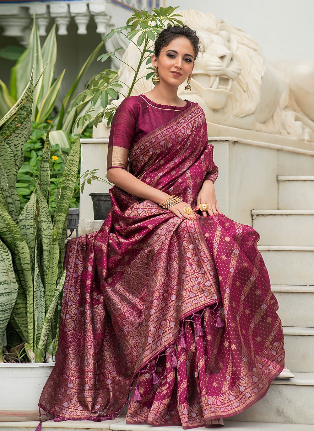 Classic Tussar Silk Wine Woven Saree