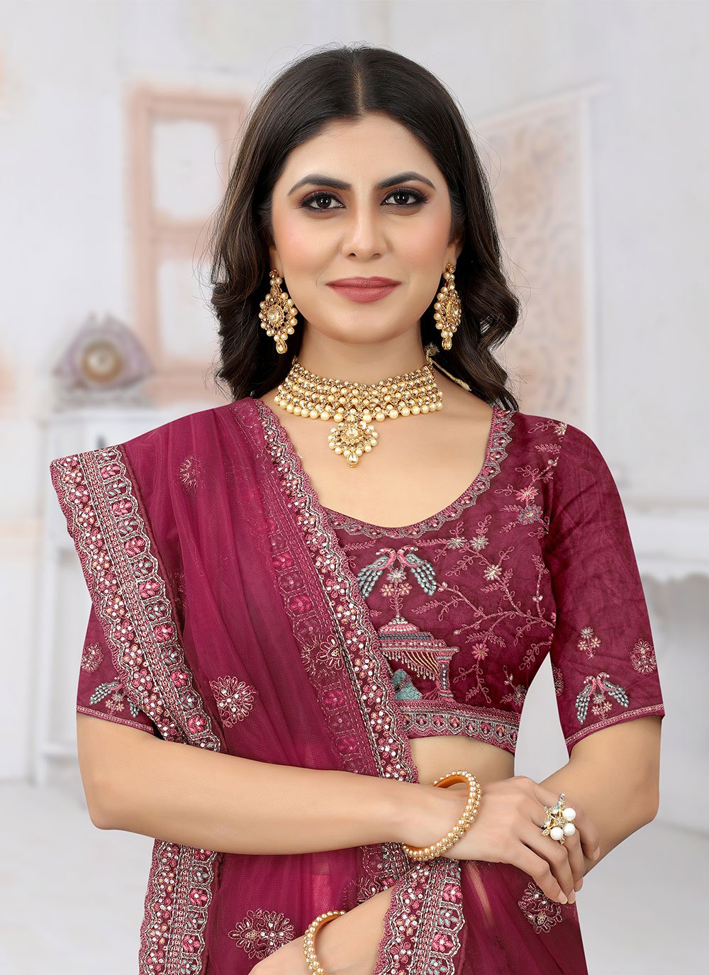 Lehenga Choli Net Wine Embroidered Lehenga Choli