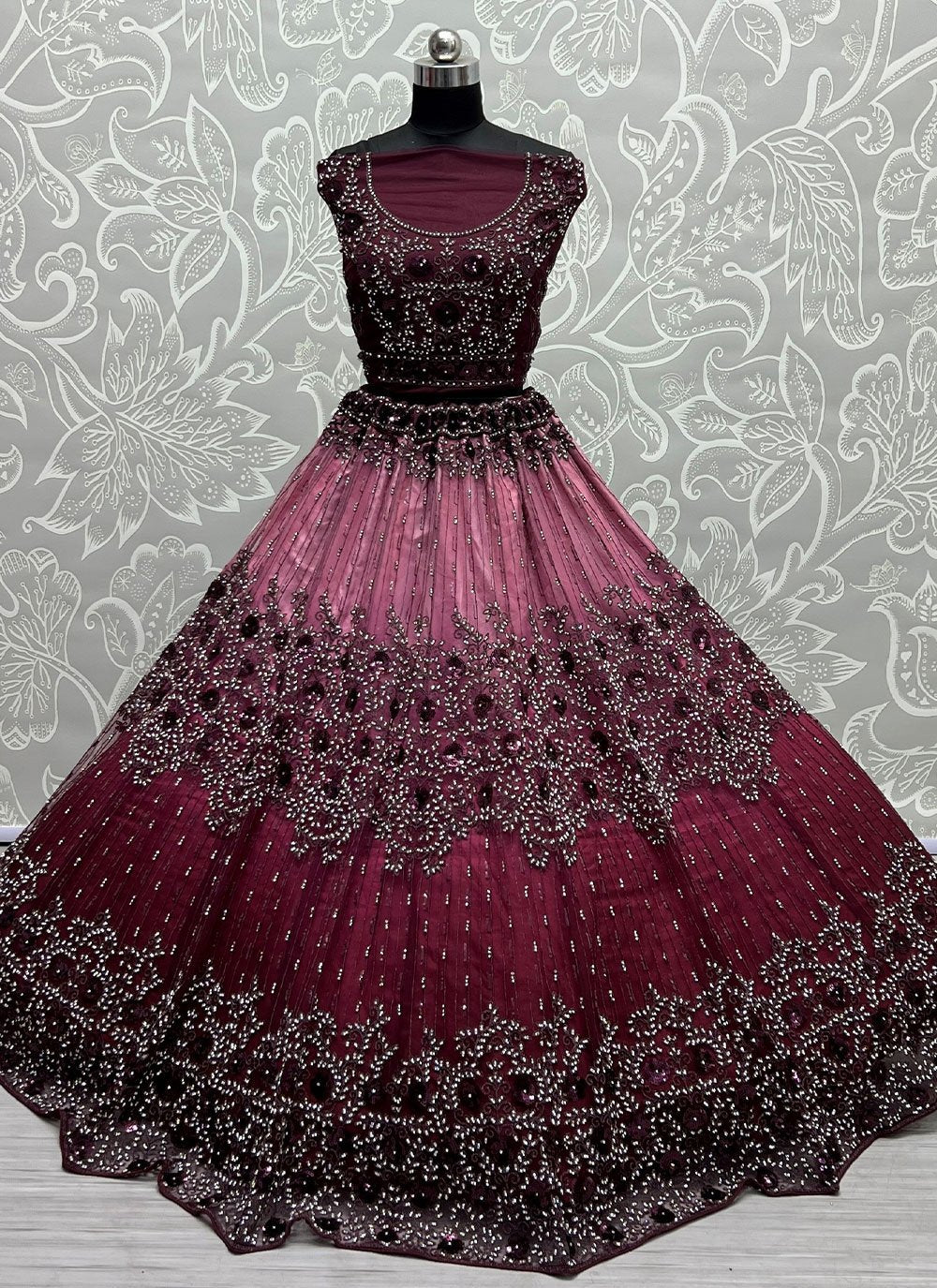 Lehenga Choli Net Wine Diamond Lehenga Choli