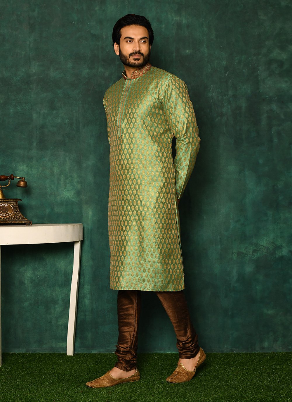 Kurta Pyjama Art Silk Green Woven Mens