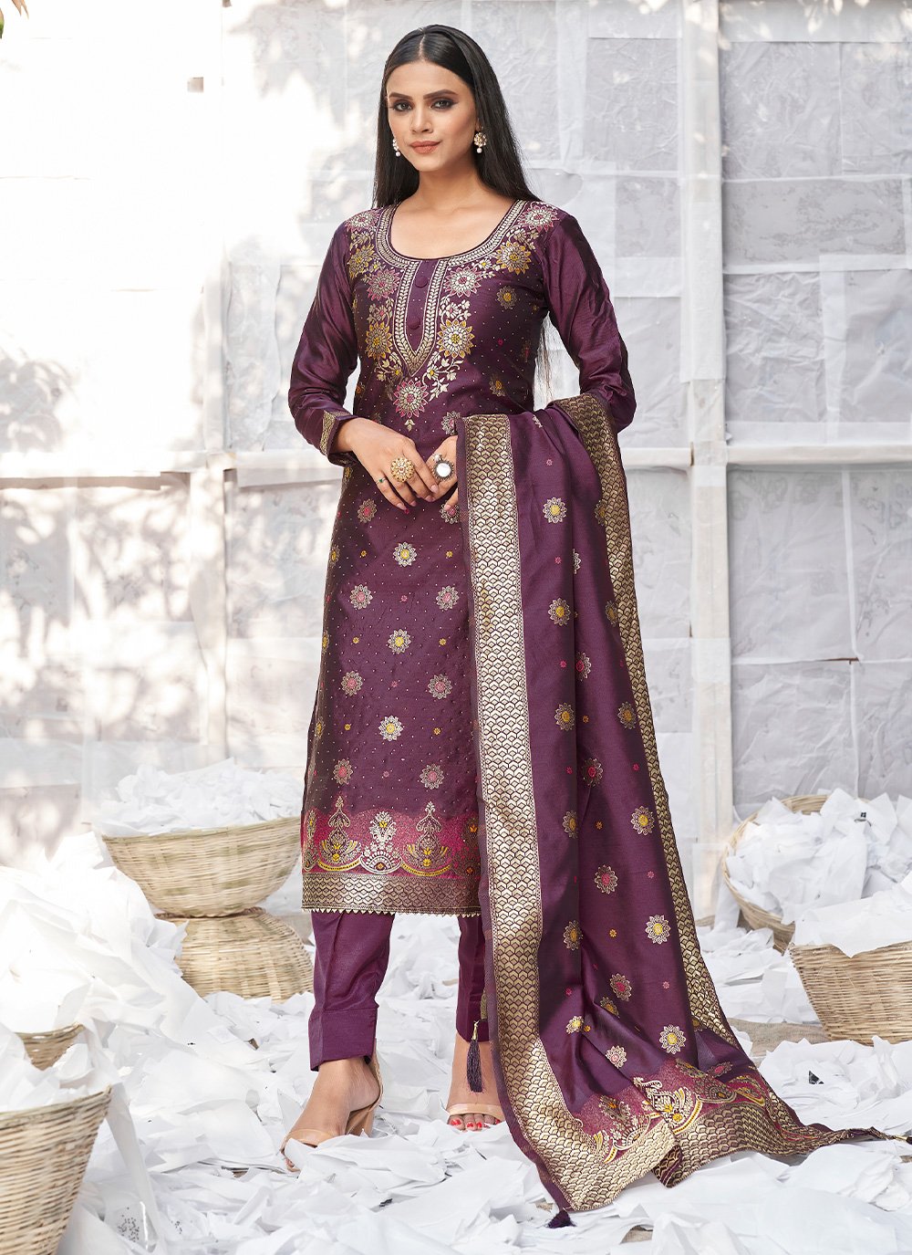 Trendy Suit Banarasi Silk Wine Woven Salwar Kameez Kajols Indian Pakistani Fashion Tailoring