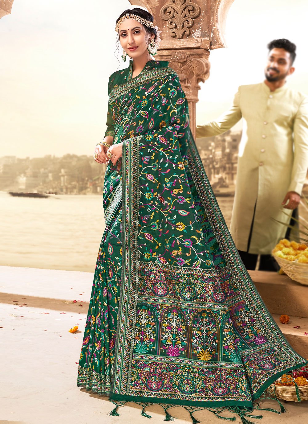 Traditional Saree Blended Cotton Green Woven Saree