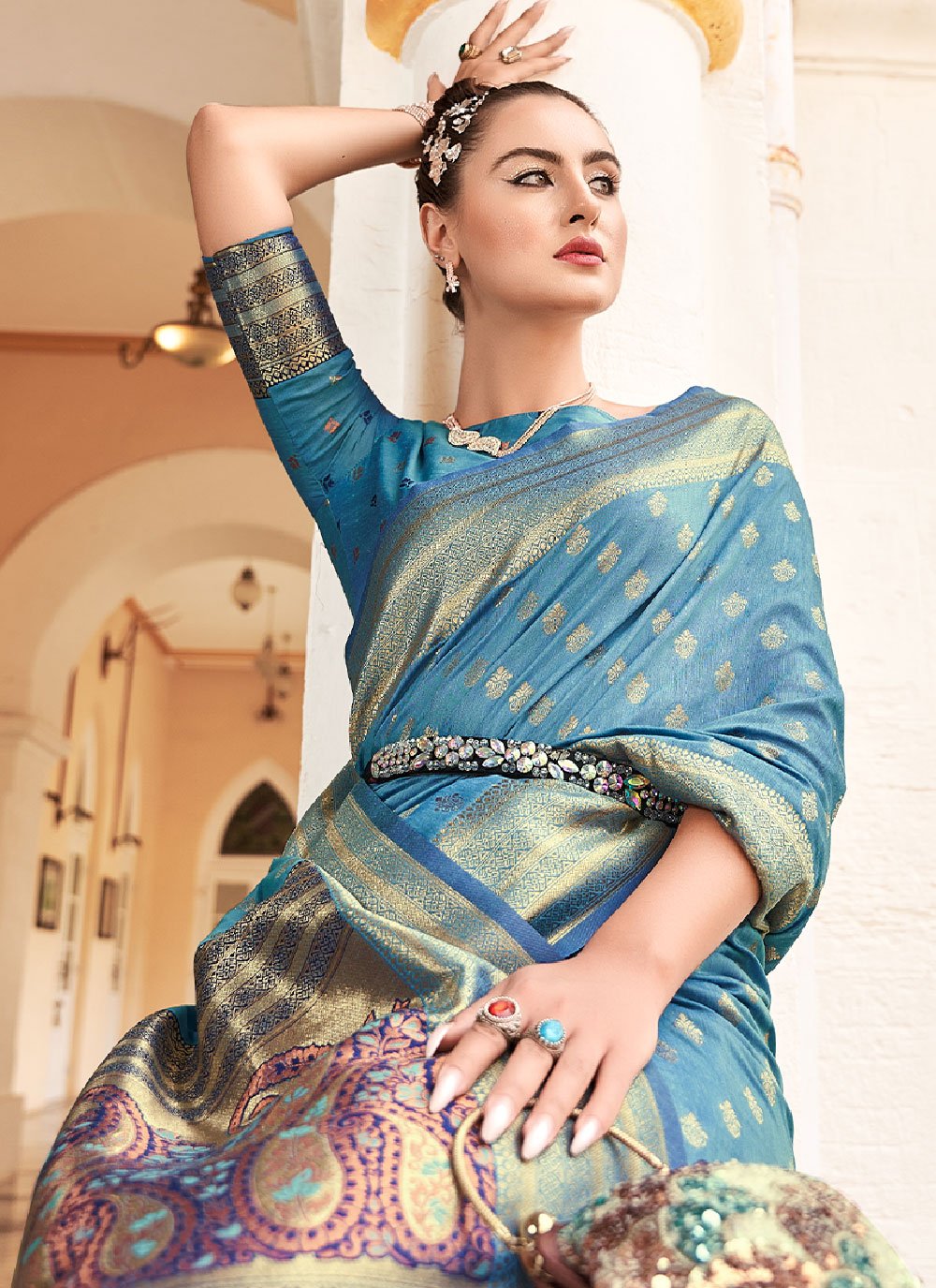 Contemporary Banarasi Silk Cotton Aqua Blue Woven Saree